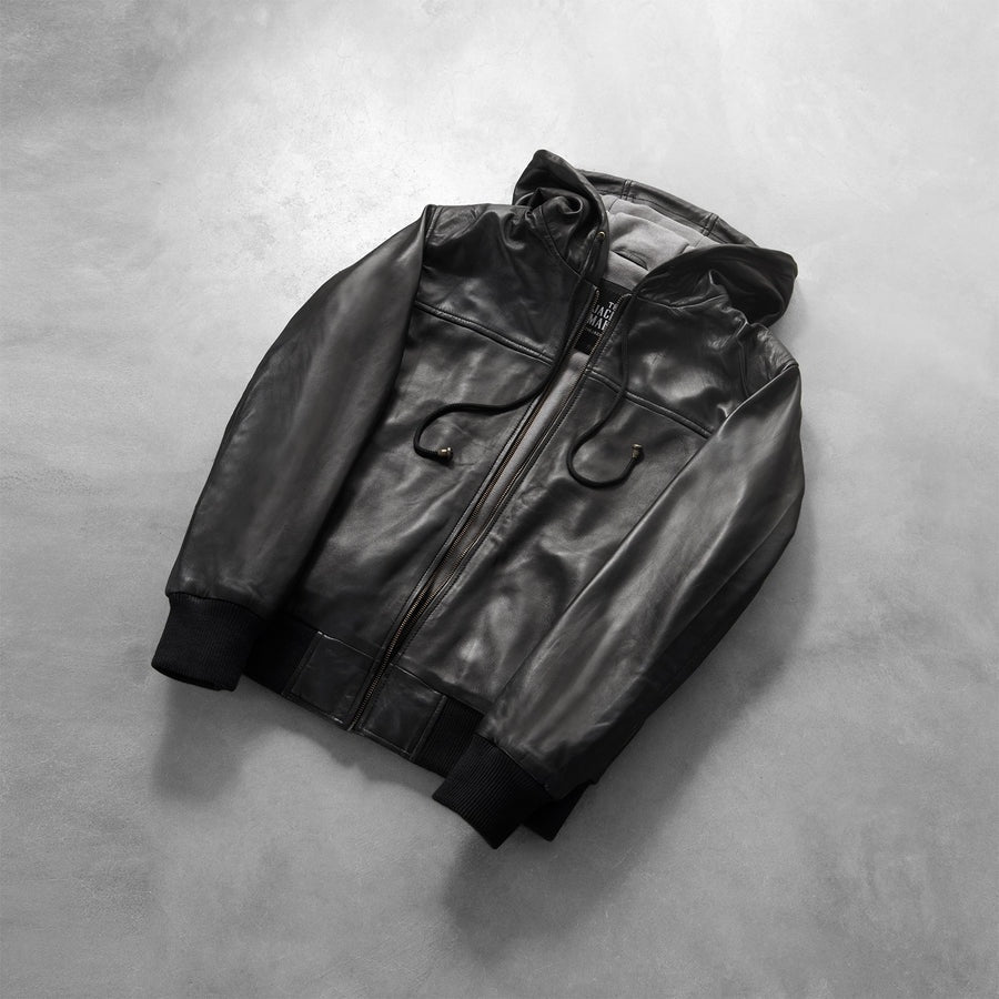 Apex Men's Black Leather Hoodie Jacket lifestyle detail – VOOLUP