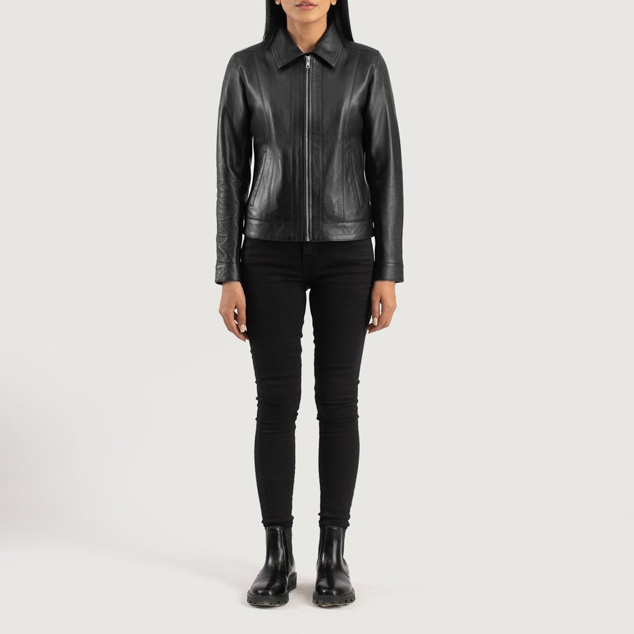 Blair Women's Black Leather Jacket front view – VOOLUP