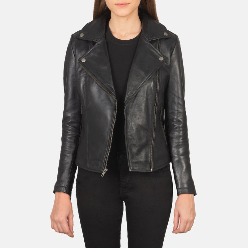 Nightfall women's black genuine leather biker jacket front open closeup – VOOLUP