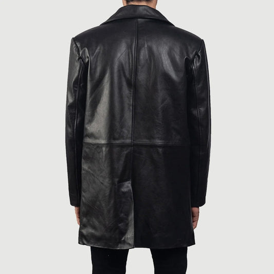 Phantom Men's Black Leather Trench Coat back view – VOOLUP