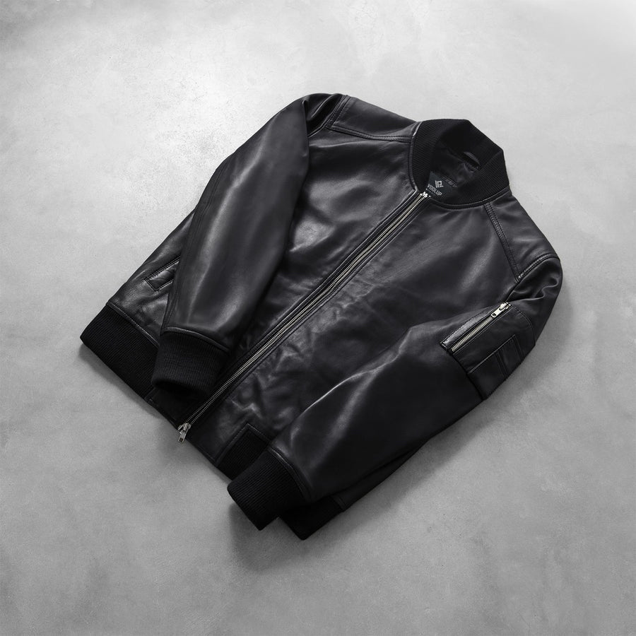 Stealth Men's Black Leather Bomber Jacket lifestyle detail – VOOLUP