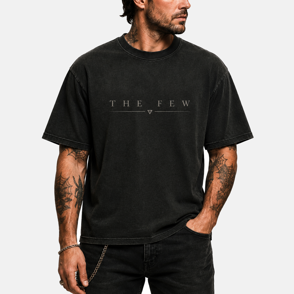 The Few vintage washed black oversized graphic t-shirt front view clean minimal design | VOOLUP