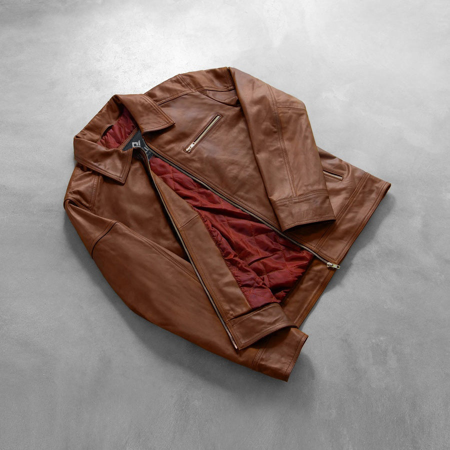Sierra Men's Brown Leather Jacket lifestyle detail – VOOLUP