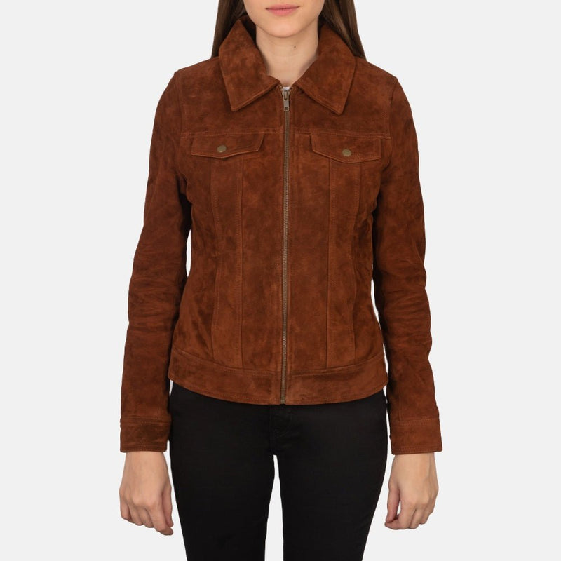 Canyon Lux women's brown suede genuine leather trucker jacket front view – VOOLUP