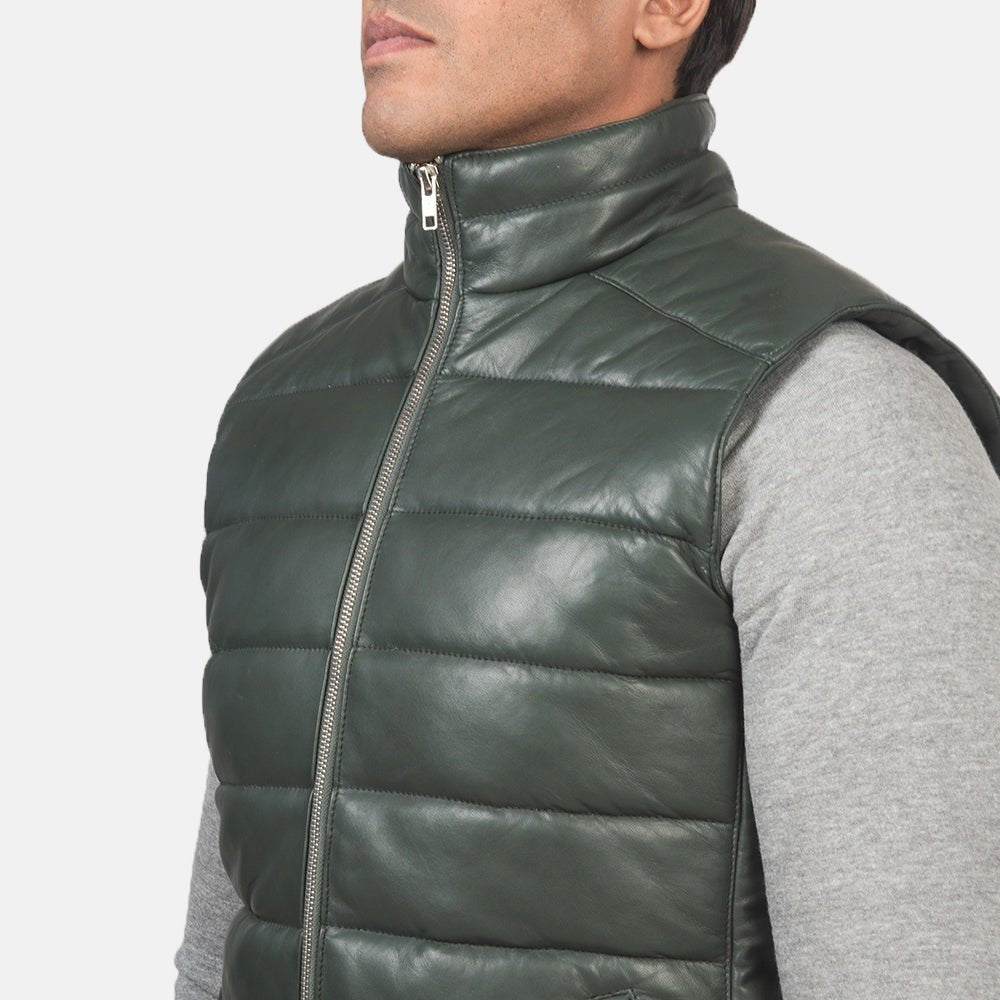 Everett Men's Forest Green Leather Puffer Vest lifestyle detail – VOOLUP