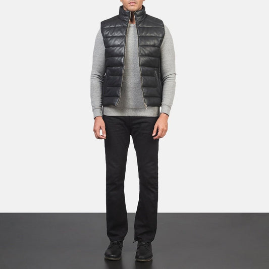 Everett Men's Black Leather Puffer Vest back view – VOOLUP
