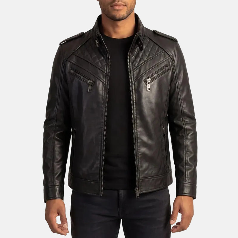 Ironcrest men's quilted black genuine leather biker jacket front view – VOOLUP