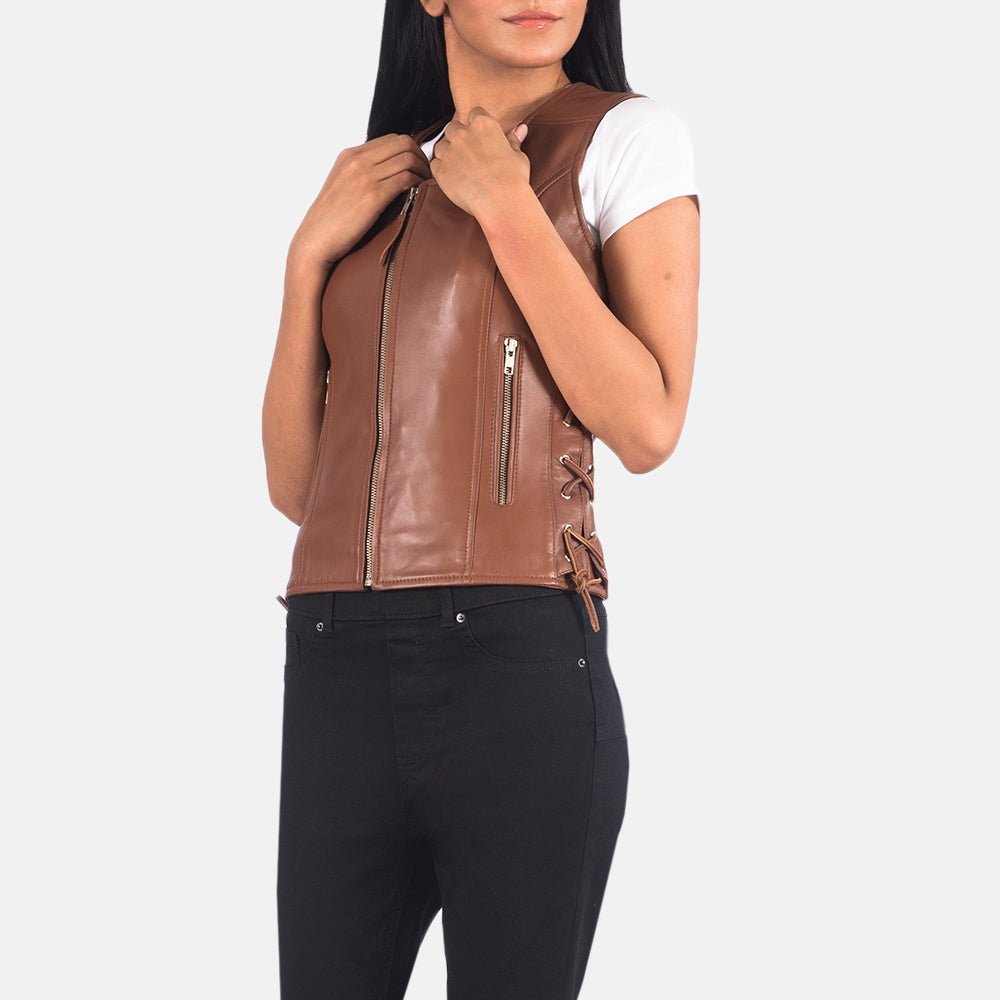 Lyra Women's Brown Leather Biker Vest lifestyle detail – VOOLUP