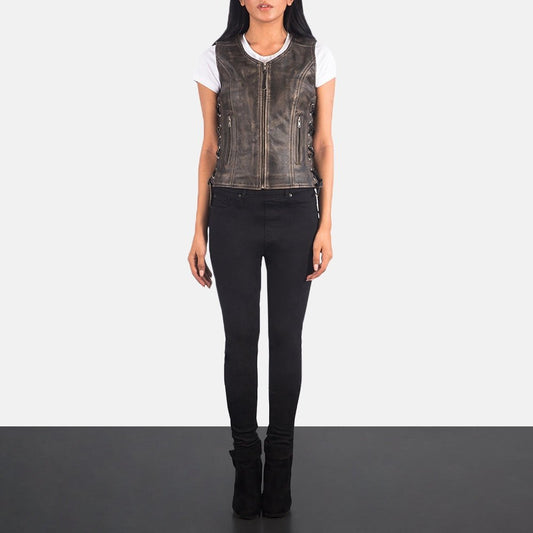 Lyra Women's Distressed Brown Leather Biker Vest back view – VOOLUP