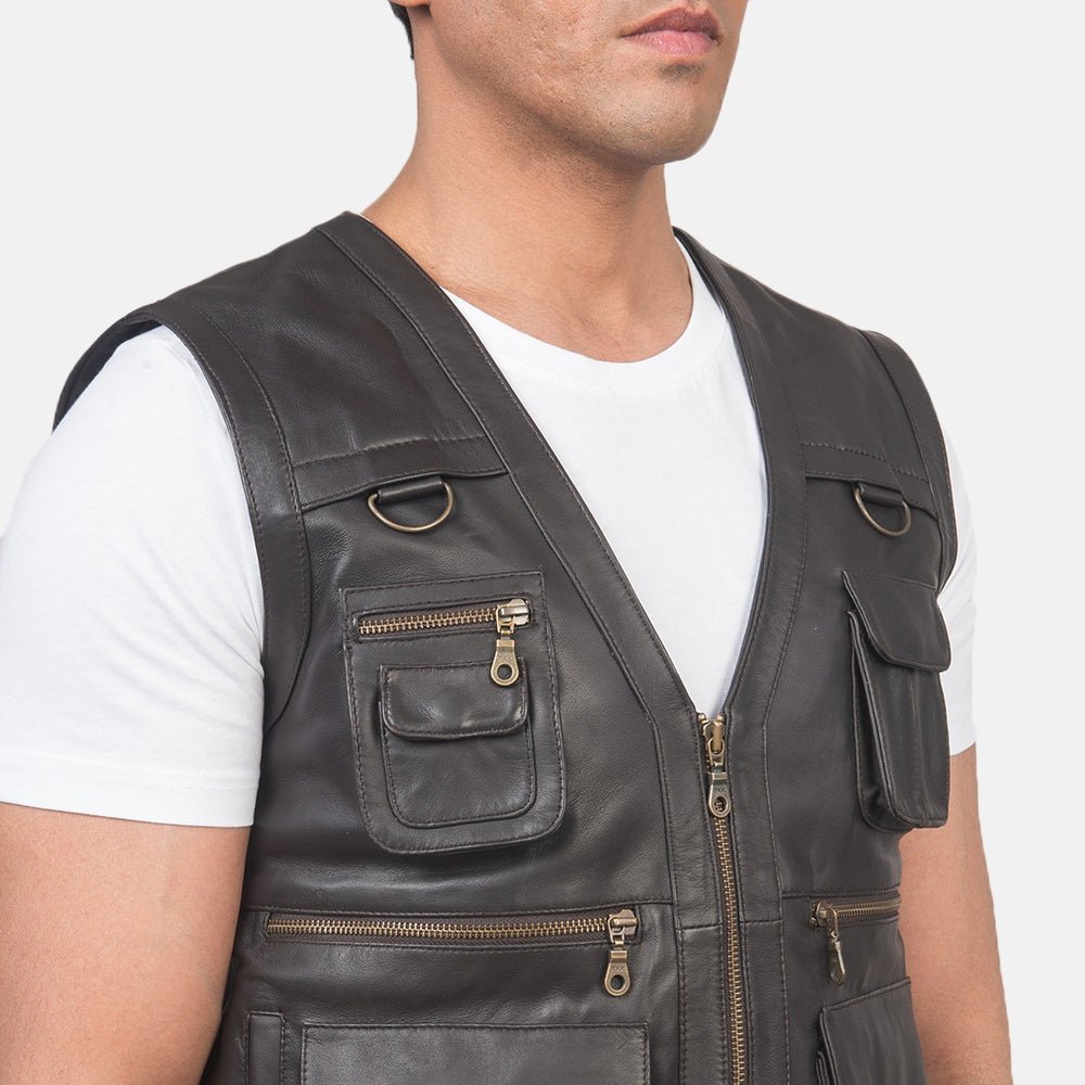 Safari Men's Brown Leather Utility Vest lifestyle detail – VOOLUP