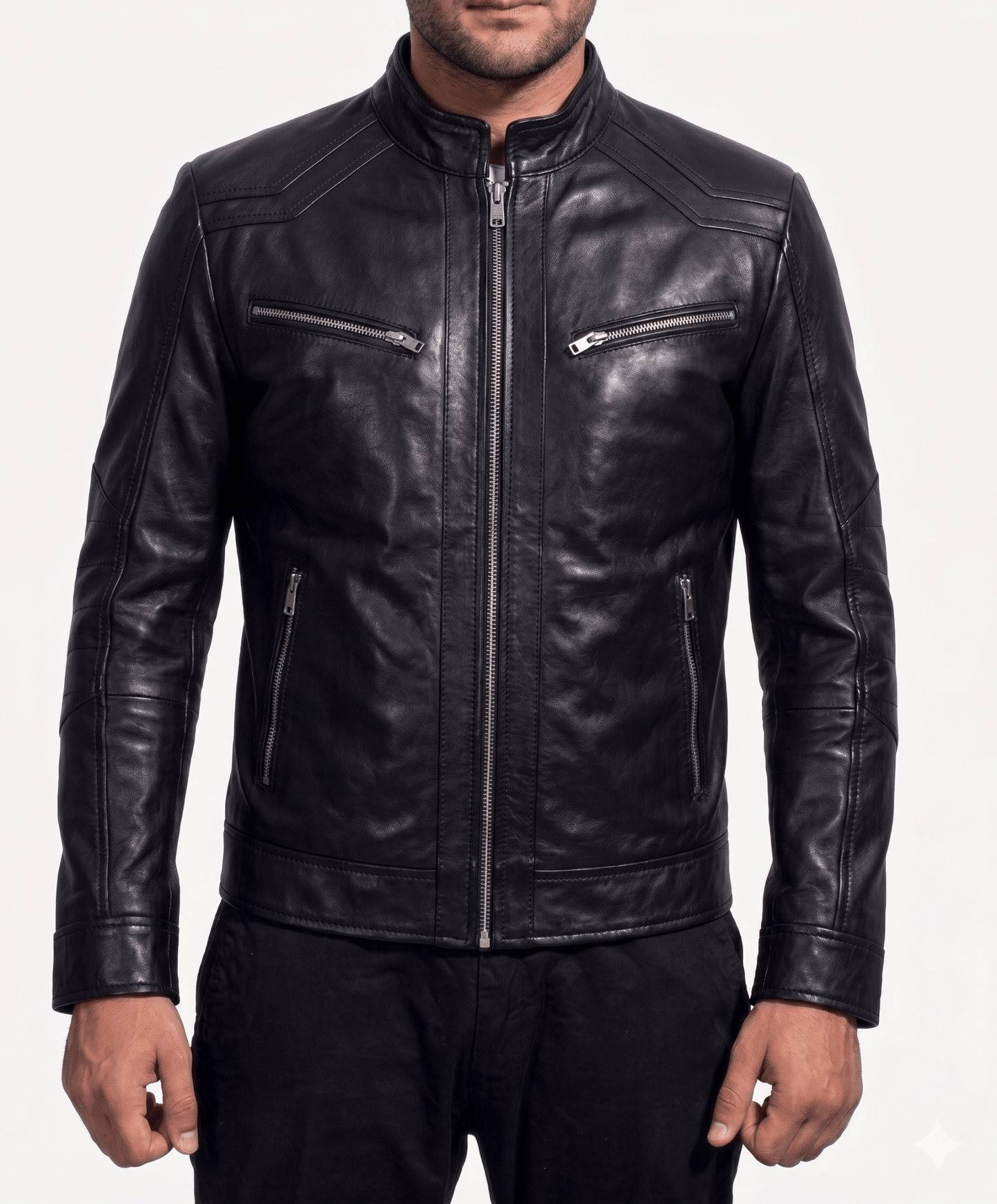 Onyx Racer Men's Black Lambskin Leather Jacket detail closeup – VOOLUP