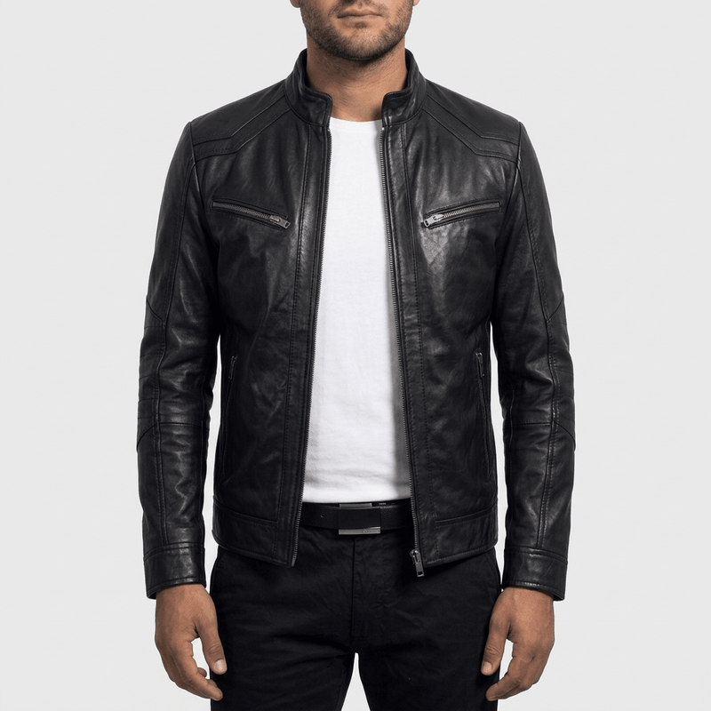 Onyx Racer men's black lambskin leather jacket front view – VOOLUP