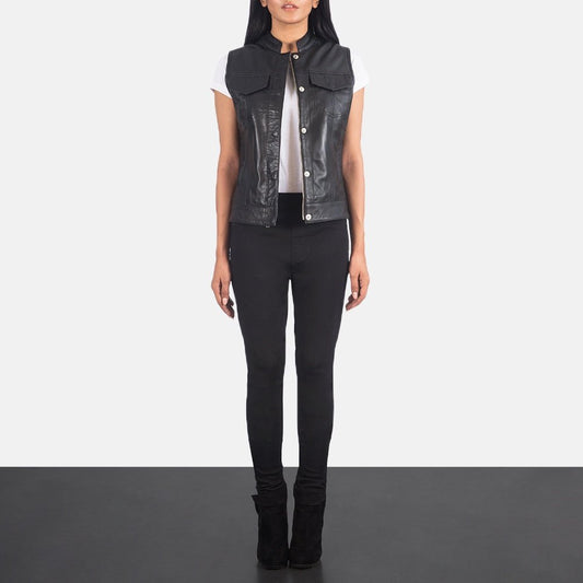 Vera Women's Black Leather Moto Vest back view – VOOLUP