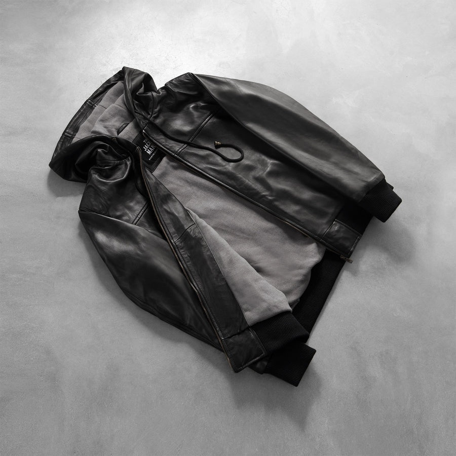 Apex Men's Black Leather Hoodie Jacket lifestyle view – VOOLUP