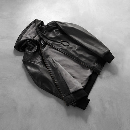 Apex Men's Black Leather Hoodie Jacket lifestyle view – VOOLUP