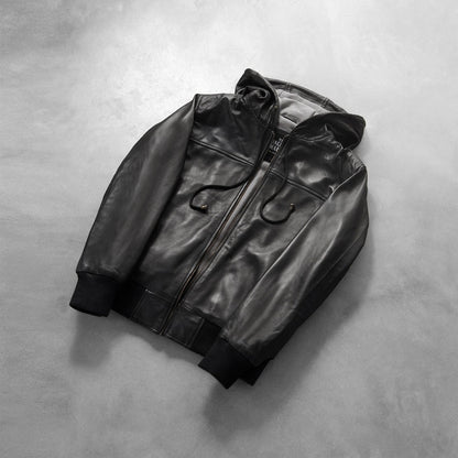 Apex Men's Black Leather Hoodie Jacket lifestyle detail – VOOLUP