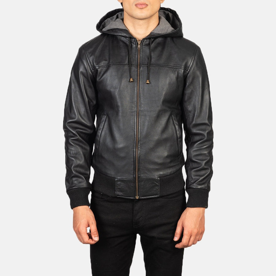 Apex Men's Black Leather Hoodie Jacket front closed detail – VOOLUP