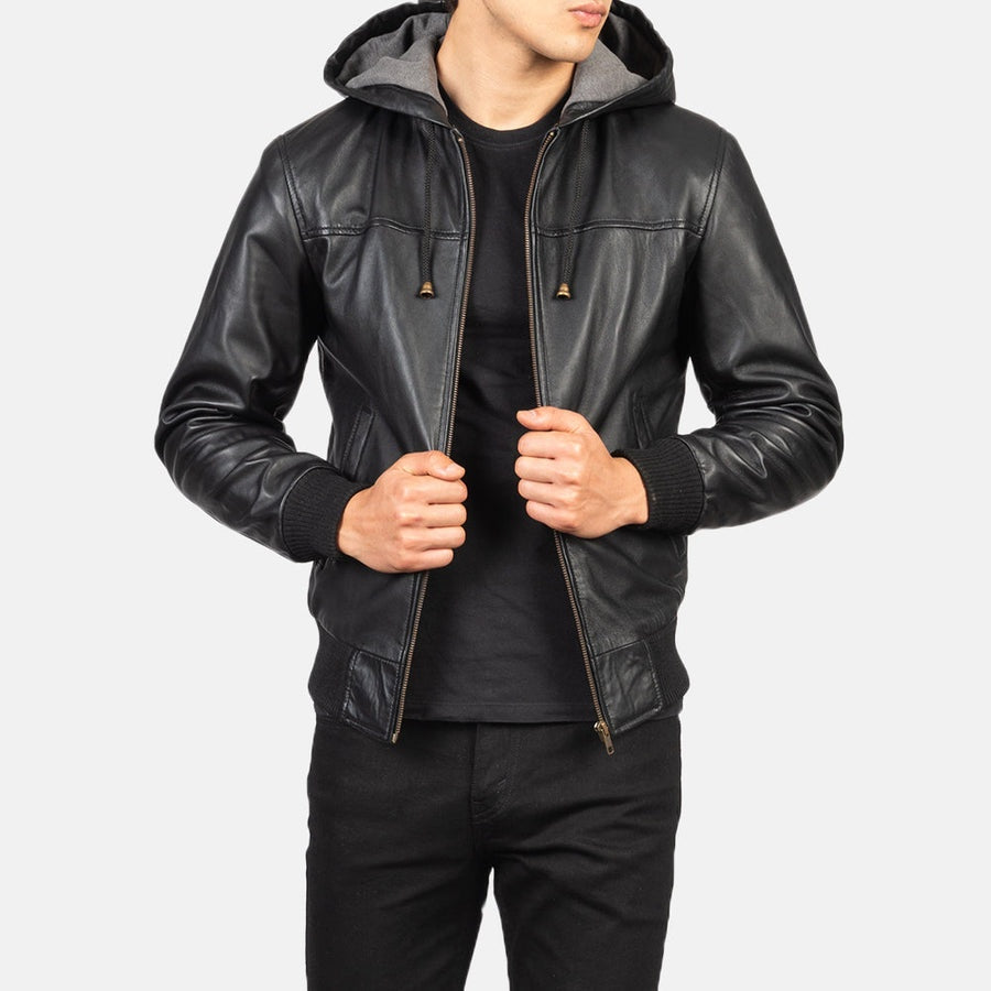 Apex Men's Black Leather Hoodie Jacket front detail closeup – VOOLUP