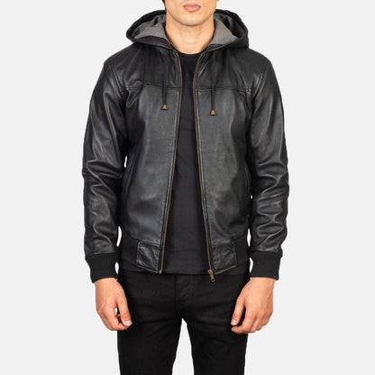 Apex men's black genuine leather hoodie jacket front closeup – VOOLUP