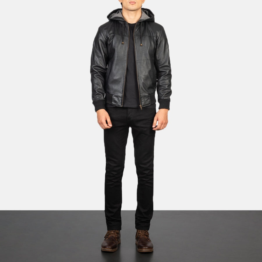 Apex Men's Black Leather Hoodie Jacket front view – VOOLUP