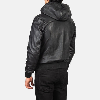 Apex Men's Black Leather Hoodie Jacket side and back view – VOOLUP