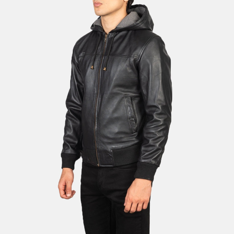Apex Men's Black Leather Hoodie Jacket side view – VOOLUP