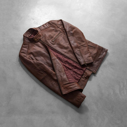 Blackridge Men's Brown Leather Café Racer Jacket lifestyle view – VOOLUP