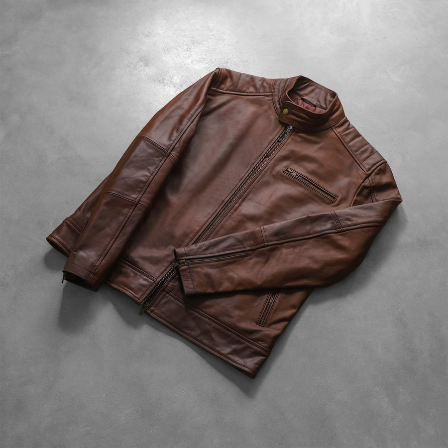 Blackridge Men's Brown Leather Café Racer Jacket lifestyle detail – VOOLUP