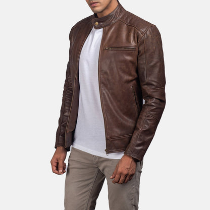 Blackridge Men's Brown Leather Café Racer Jacket alternate front closeup – VOOLUP
