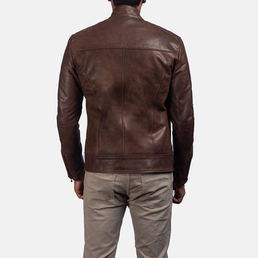 Blackridge Men's Brown Leather Café Racer Jacket back view – VOOLUP