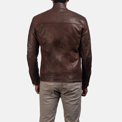 Blackridge Men's Brown Leather Café Racer Jacket back view – VOOLUP