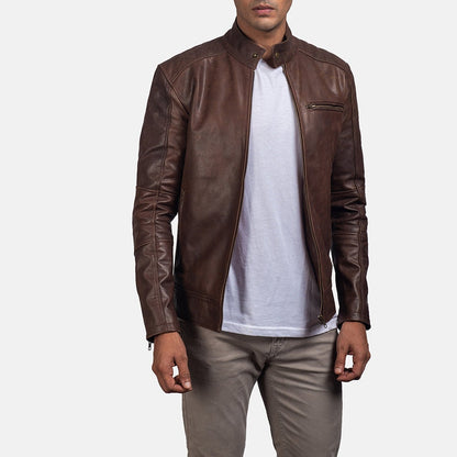 Blackridge men's brown genuine leather café racer jacket front closeup – VOOLUP