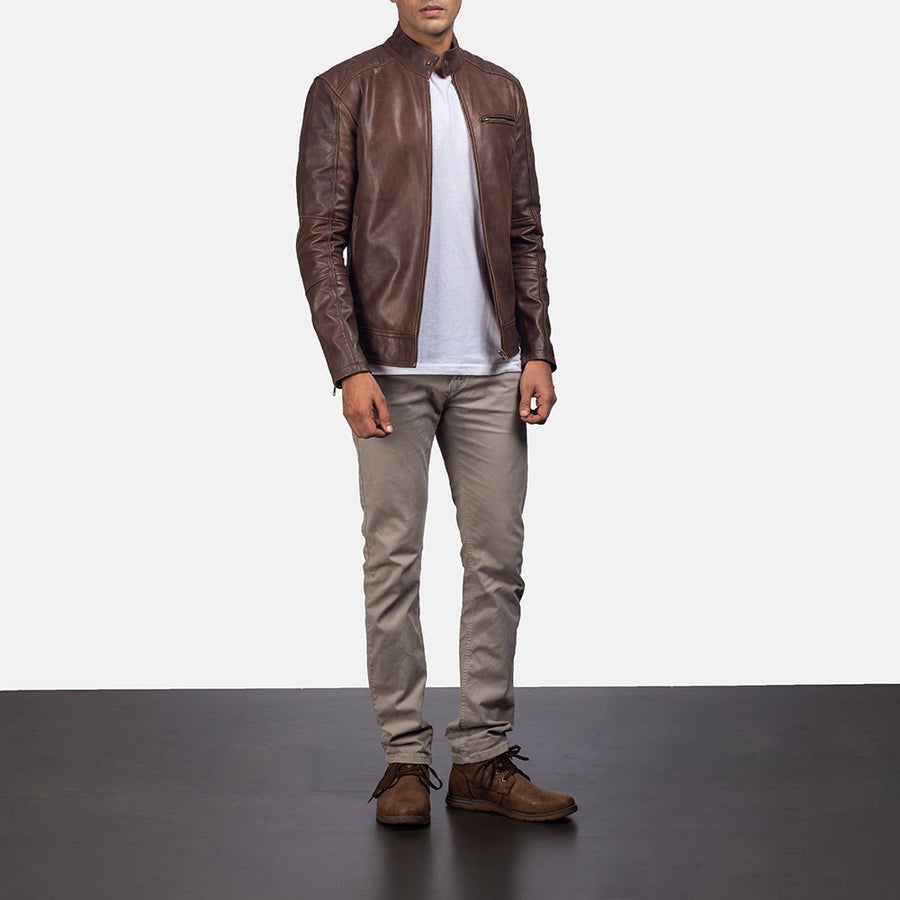 Blackridge Men's Brown Leather Café Racer Jacket front view – VOOLUP