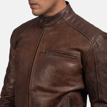 Blackridge Men's Brown Leather Café Racer Jacket side closed detail – VOOLUP
