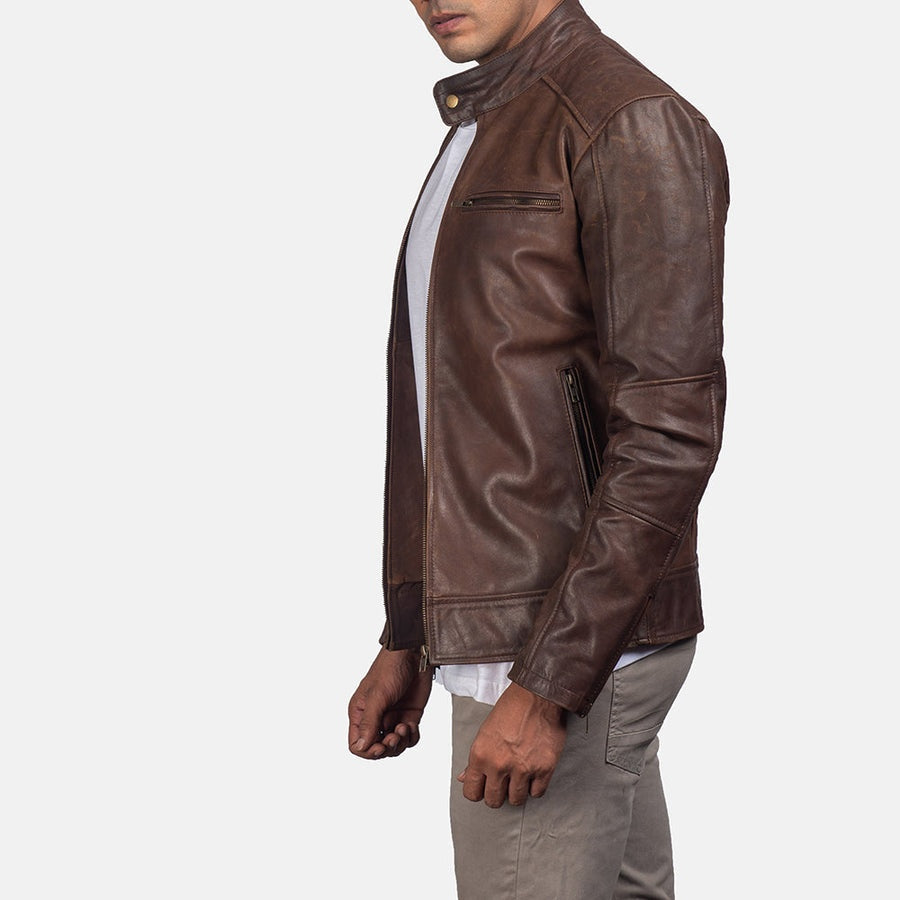 Blackridge Men's Brown Leather Café Racer Jacket side detail closeup – VOOLUP