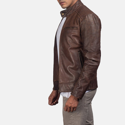 Blackridge Men's Brown Leather Café Racer Jacket side detail closeup – VOOLUP