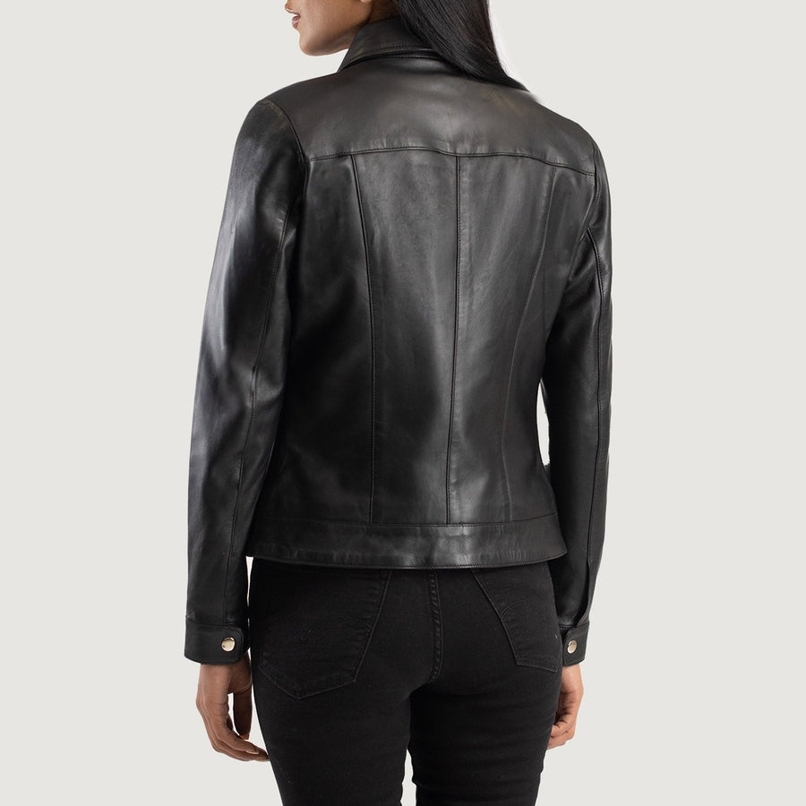 Blair Women's Black Leather Jacket back view – VOOLUP