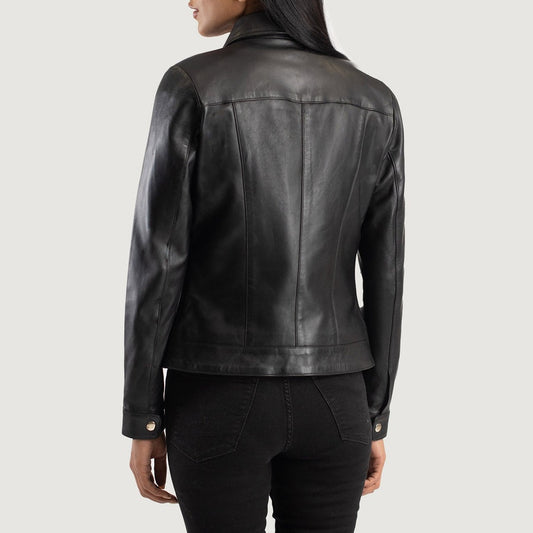 Blair Women's Black Leather Jacket back view – VOOLUP