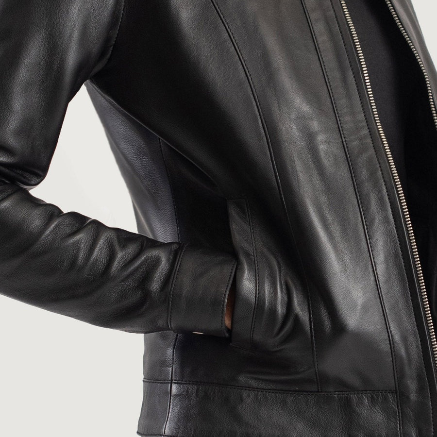 Blair Women's Black Leather Jacket closeup detail 2 – VOOLUP