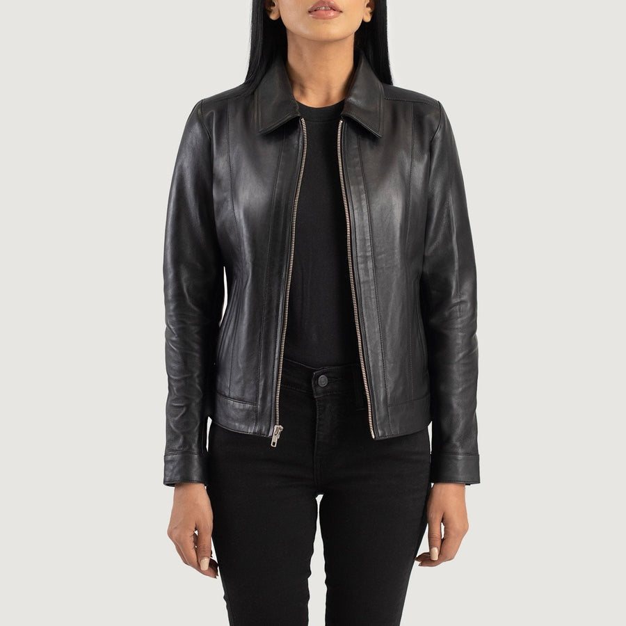 Blair women's black genuine leather jacket front open view – VOOLUP