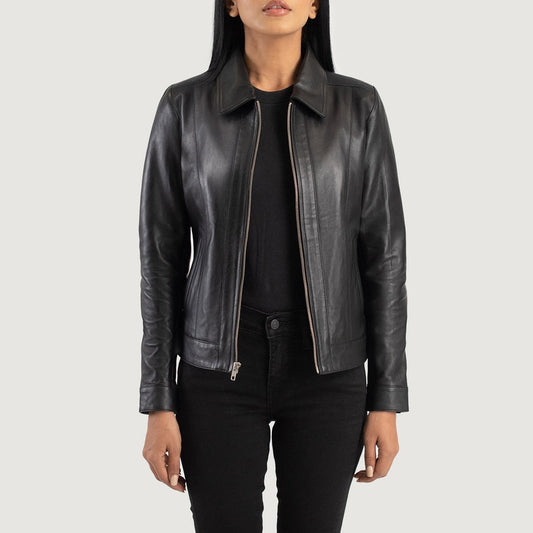 Blair women's black genuine leather jacket front open view – VOOLUP