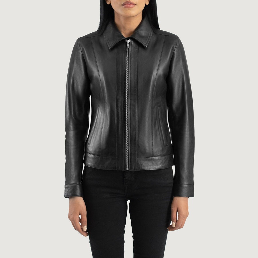 Blair Women's Black Leather Jacket front detail closeup – VOOLUP