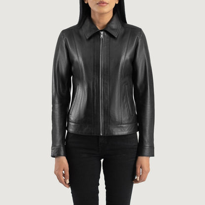 Blair Women's Black Leather Jacket front detail closeup – VOOLUP