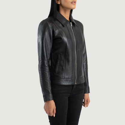 Blair Women's Black Leather Jacket side view – VOOLUP