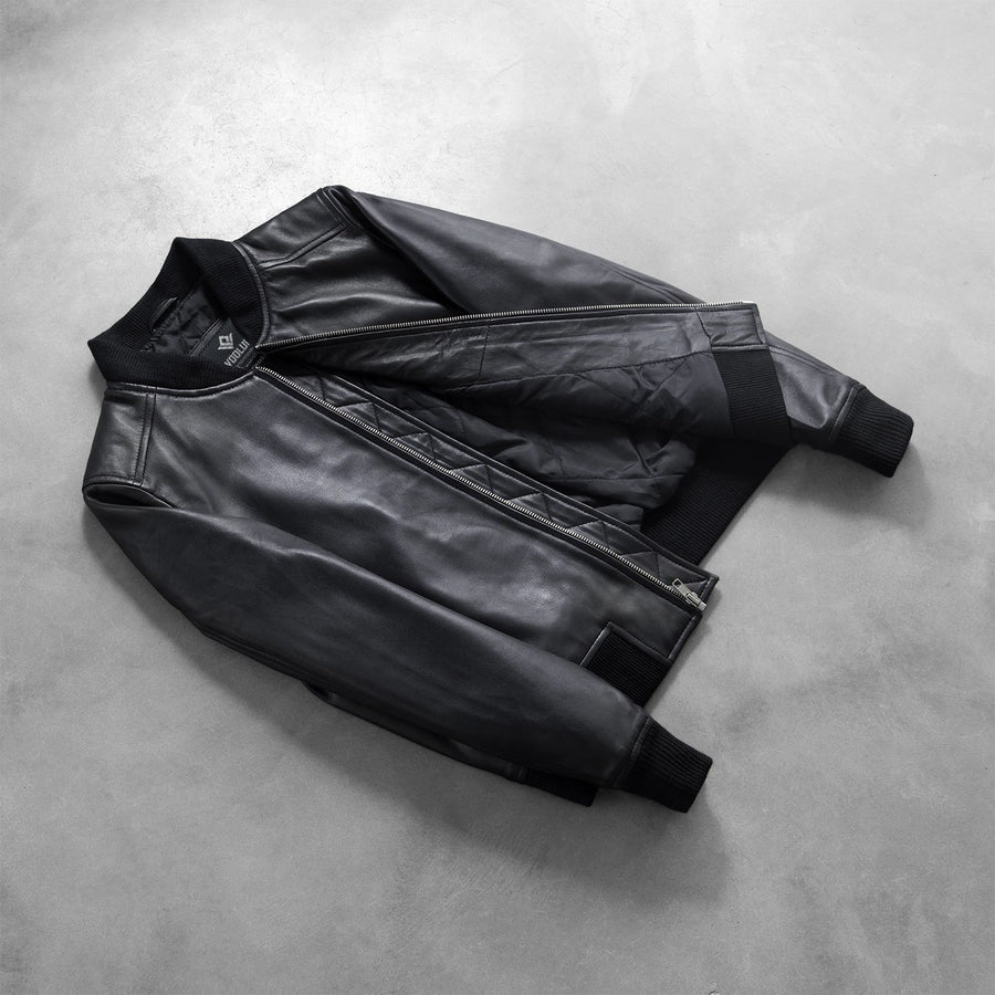 Bliss Noir Women's Black Leather Bomber Jacket lifestyle view – VOOLUP