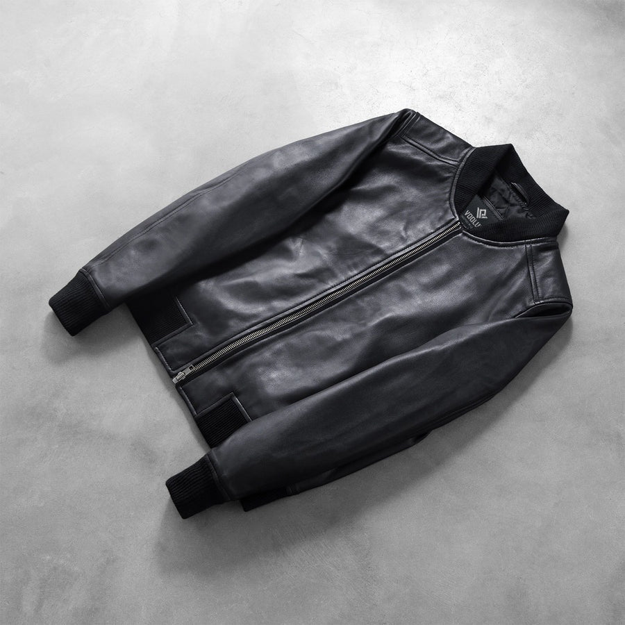 Bliss Noir Women's Black Leather Bomber Jacket lifestyle detail – VOOLUP