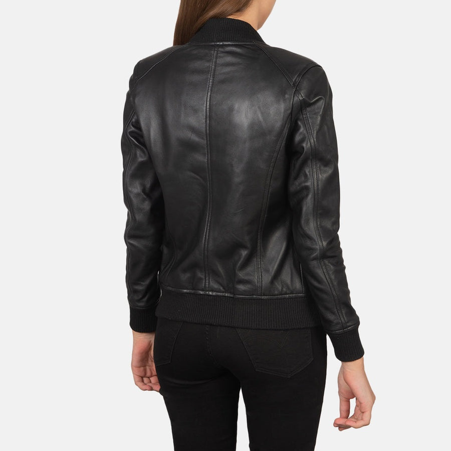 Bliss Noir Women's Black Leather Bomber Jacket back view – VOOLUP
