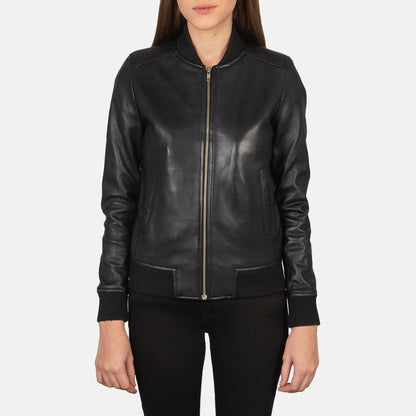Bliss Noir Women's Black Leather Bomber Jacket front detail closeup – VOOLUP