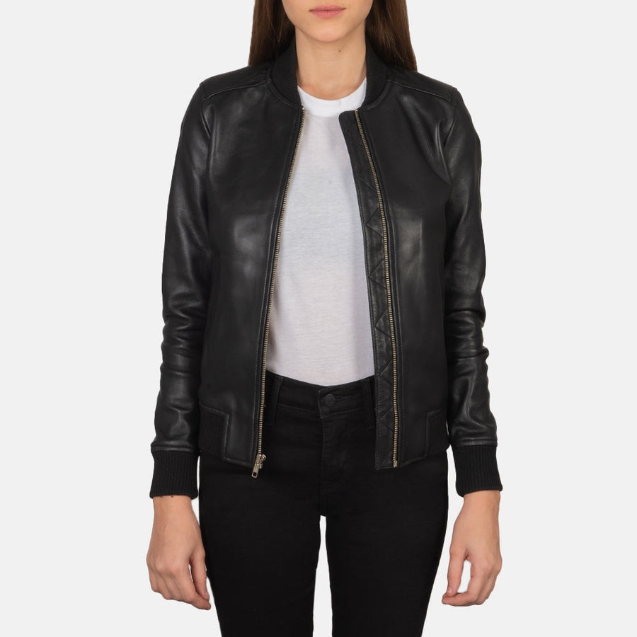 Bliss Noir women's black genuine leather bomber jacket front open view – VOOLUP