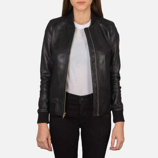 Bliss Noir women's black genuine leather bomber jacket front open view – VOOLUP
